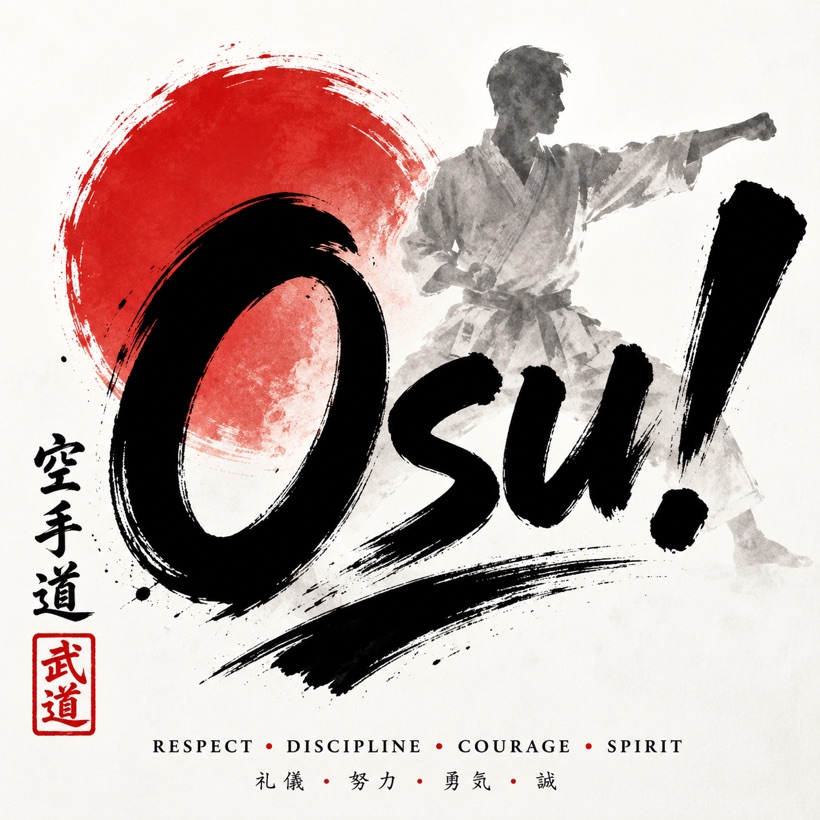 Osu — calligraphie japonaise accompagnée des valeurs du karaté : respect, discipline, courage, esprit